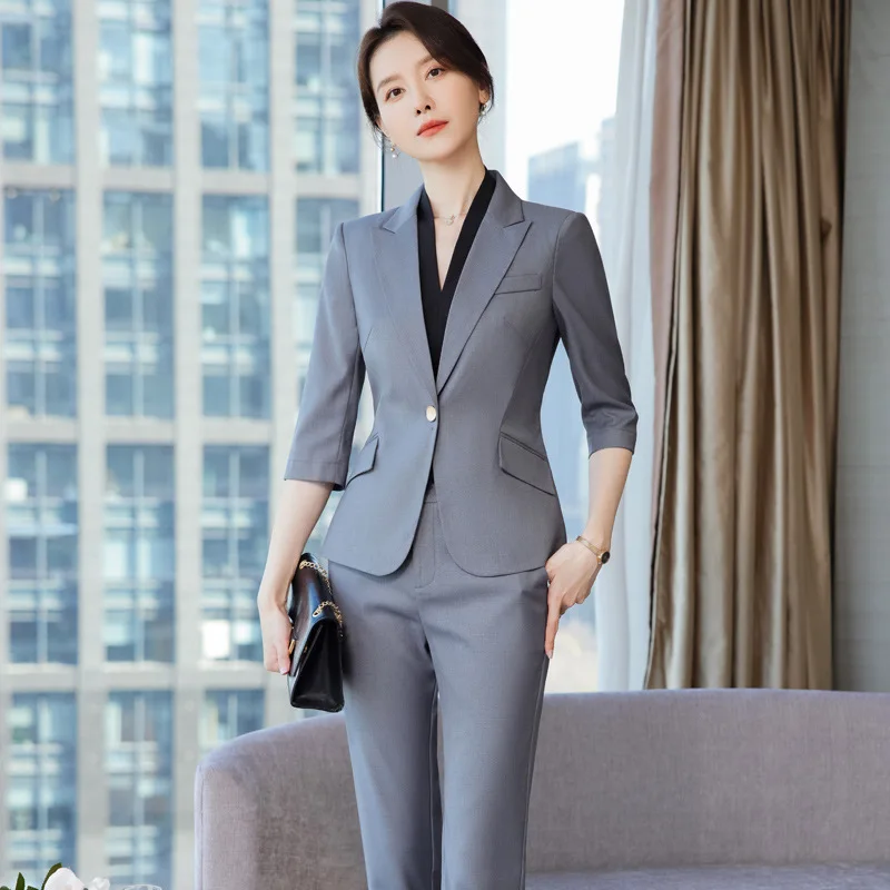 

Work Clothes Women's Business Temperament 3/4 Sleeve Goddess Temperament Suit Gray Spring and Summer Hotel Manager Executive For