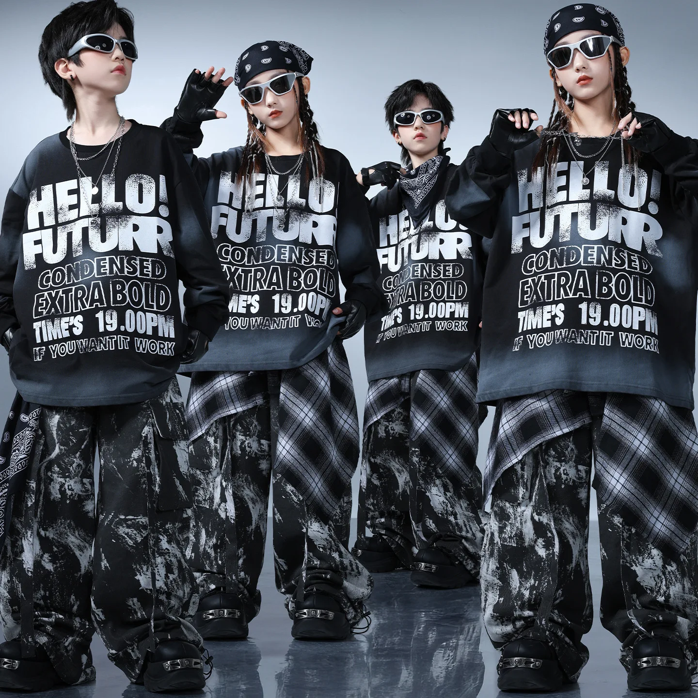 

Kid Kpop Hip Hop Clothing Black Letters Sweatshirt Casual Strap Print Cargo Pants for Girl Boy Street Dance Wear Costume Clothes