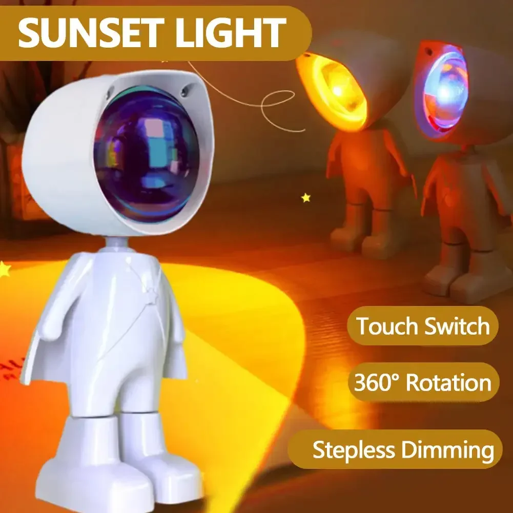 Lámpara de sol con proyección de arcoíris, luz nocturna de mesa, lámpara de atardecer, atenuación infinita, luz de ambiente de dormitorio, Robot astronauta con batería