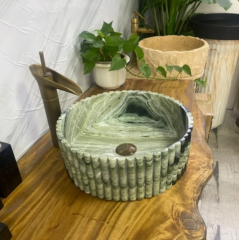 %r Aquarius AQ969G New Design Green Marble Eco-Friendly Bathroom Curved Fluted Countertop Sink 5+ Year Warranty Top Mount