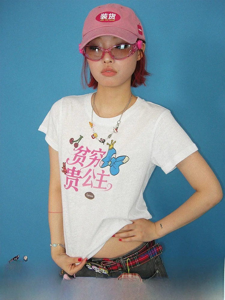 

TIPSEVEN Original Fun Princess Print Casual Short Sleeve T-Shirt Cotton Moisture Wicking Summer New Arrival Women's Top