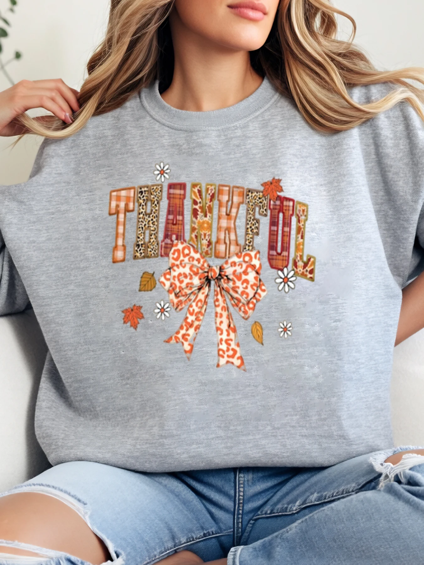 شكرًا مرقعة القوس طباعة الشكر Crewneck البلوز المرأة عادية الخريف الخريف الزي رمادي حجم كبير #1