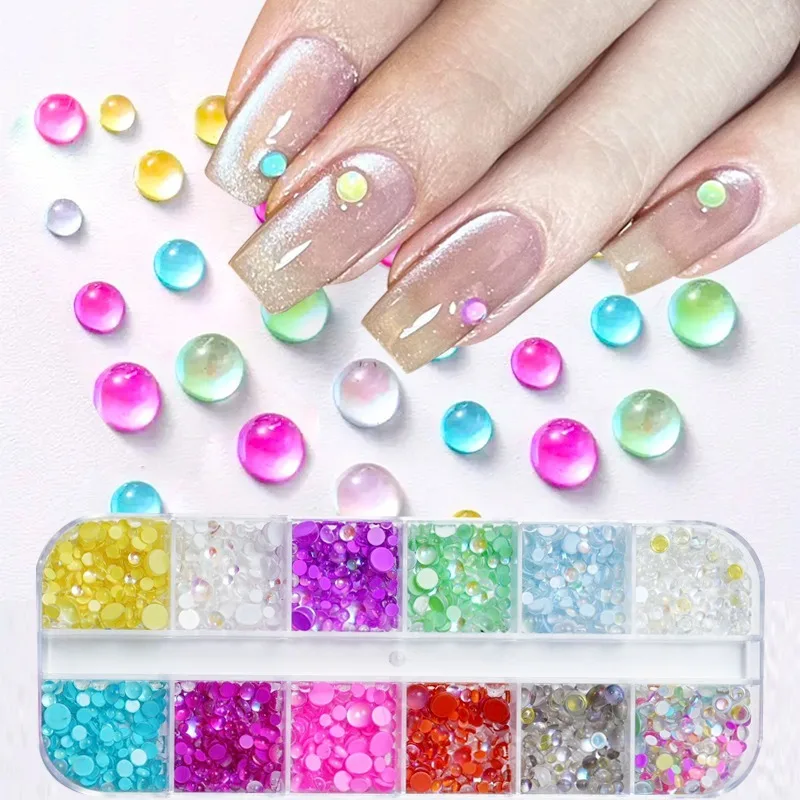 

12/6/1Grids Rainbow Mermaid Tears Nail Art Charms Macaron Bubble Beads Nails Aurora Half Spherical Glass Nail Art Decorations