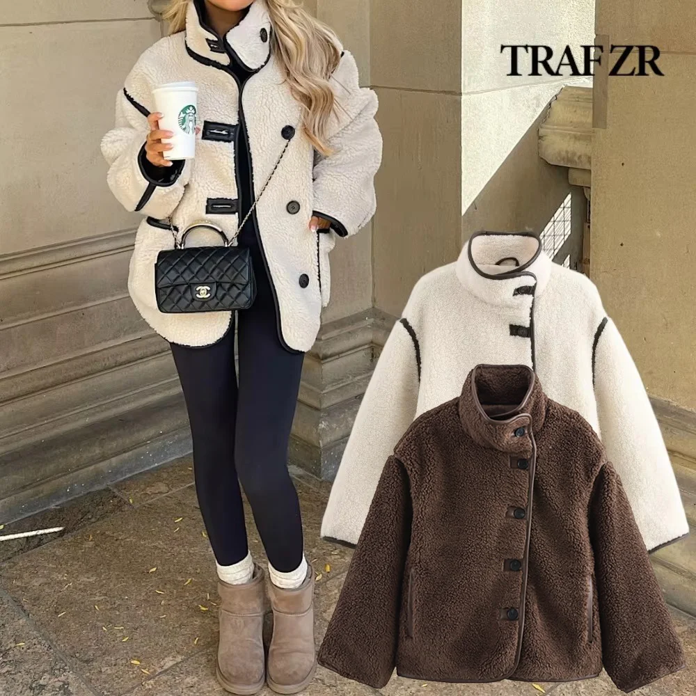 TRAF ZR Mujer Relaxation Comfy Coat with Details&Trim New in Loose-fit Teddy Fleece Stand-up Collar Jacket for Women High Street