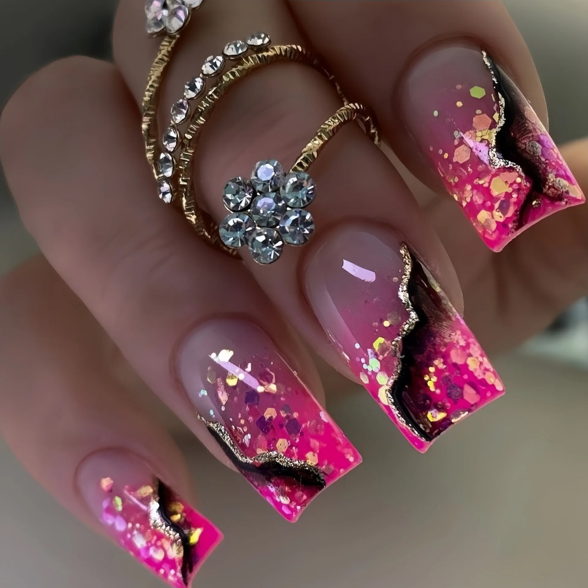 

Medium fake nails for women girls gradient pink golden red marble strips printing Square almond nail tips press on false nail