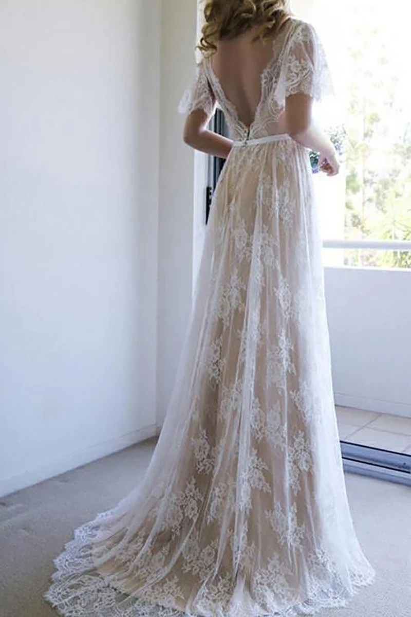 Boho laço com decote em v sem costas praia vestido de casamento mangas curtas elegante appliqued tule 2021 a linha romântico 3d flores vestidos de noiva