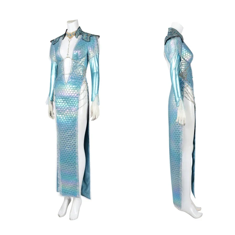 High Quality Game Blue Wavemother's Robe Disguise Baldur Cosplay Costume Sexy Long Fish Scale Dress Halloween Comic Con