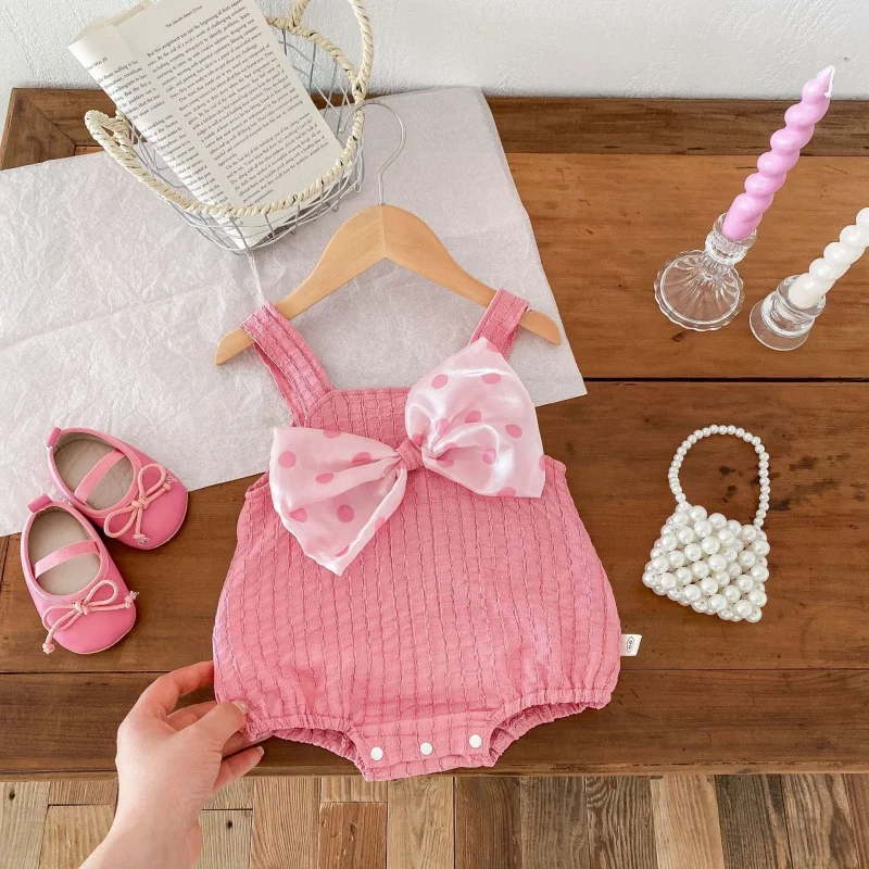 

Adorable Baby Girl Summer Onesie with Bow Tie Low Waist ort Pants Cotton Blend Fabric Thin Design Cute Infant Clothing