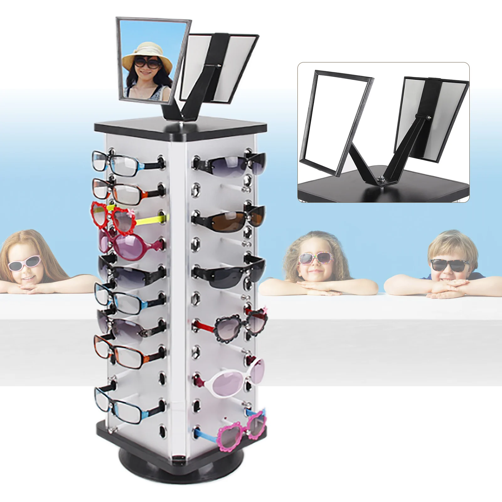 44 Pairs Sunglass Display Stand Holder 360° Rotating Sunglasses Display Rack with Mirror Glasses Storage Rack Home Shop Square