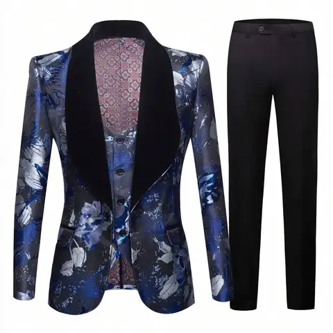 Men's slim-fitting three-piece suit with single-breasted tuxedo, suitable for weddings, balls, and dinners (jacket + vest + pant