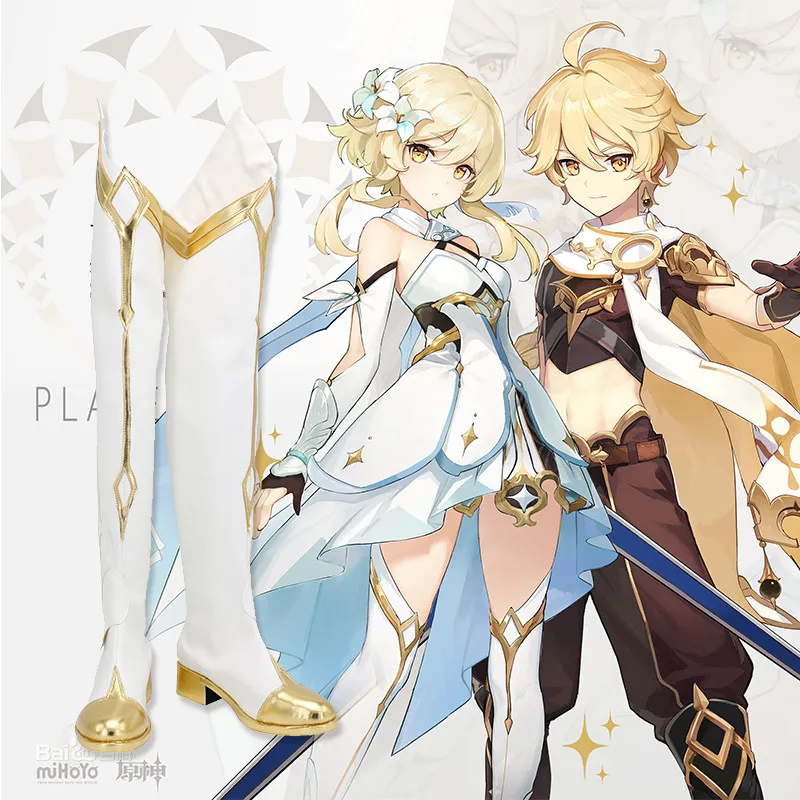 Anime Genshin Impact Traveler Cosplay Shoes White Long PU Leather Flat Sole Boots For Halloween Carnival