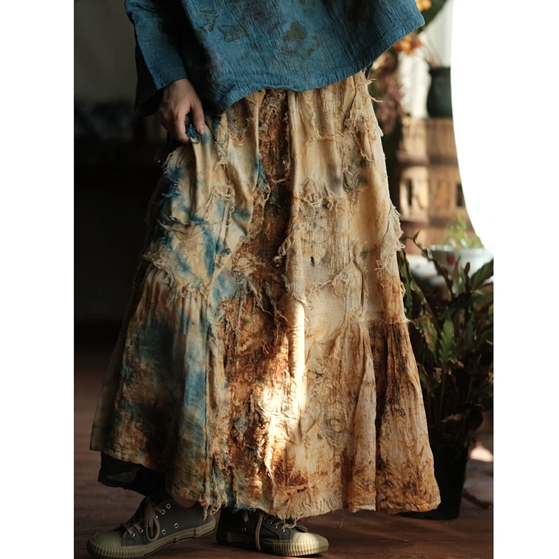 2025 New Arrival Autumn Women Casual Loose All-matched Tie Dye A-line Skirt High-quality Cotton Linen Ankle-length Skirts B330