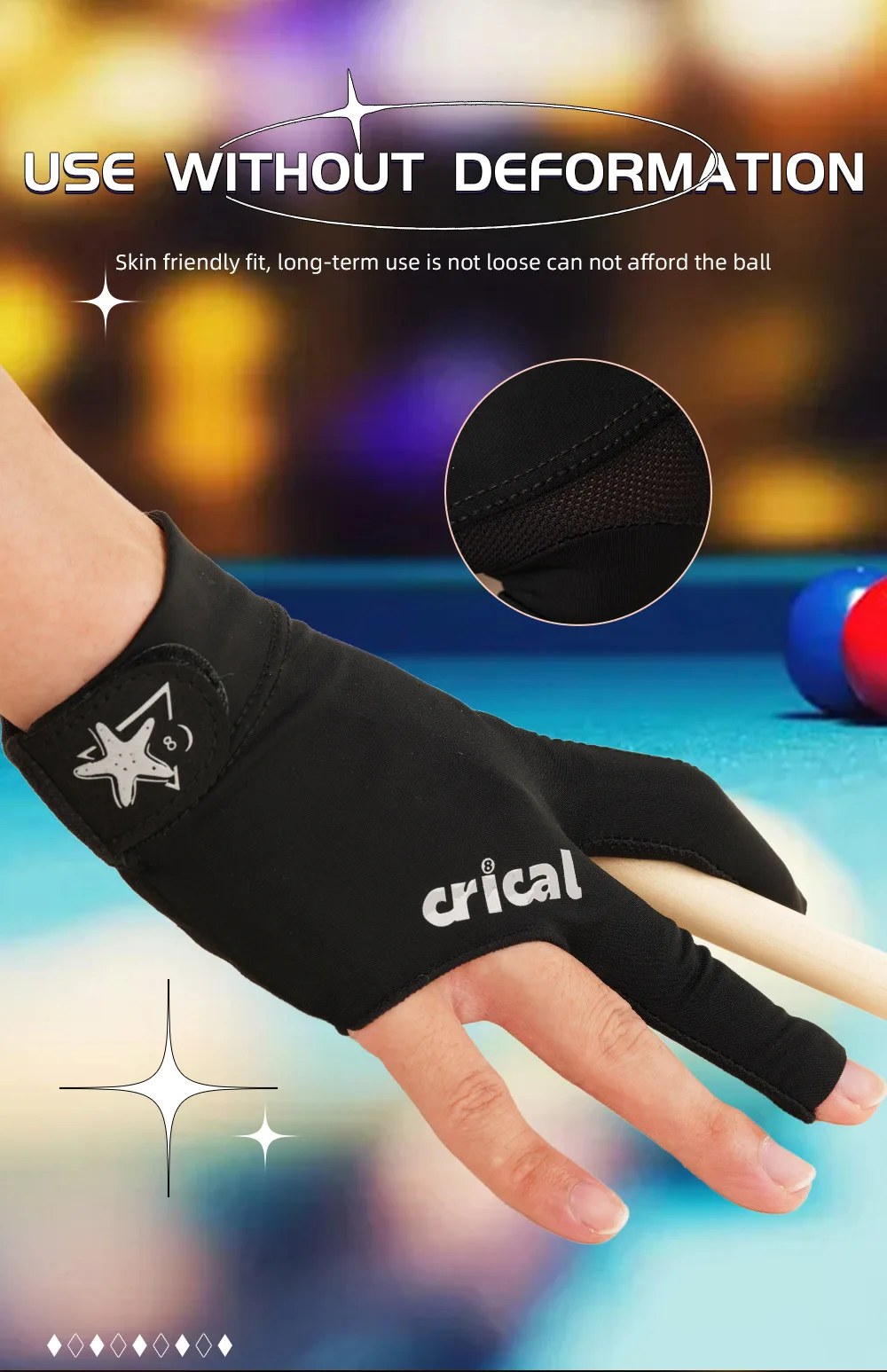 CRICAL 3-Finger-Billardhandschuh, bequeme Lycra-Snooker-Queue-Handschuhe, rechte und linke Hand, Billard-Trainingshandschuhe, Zubehör – Detail 4