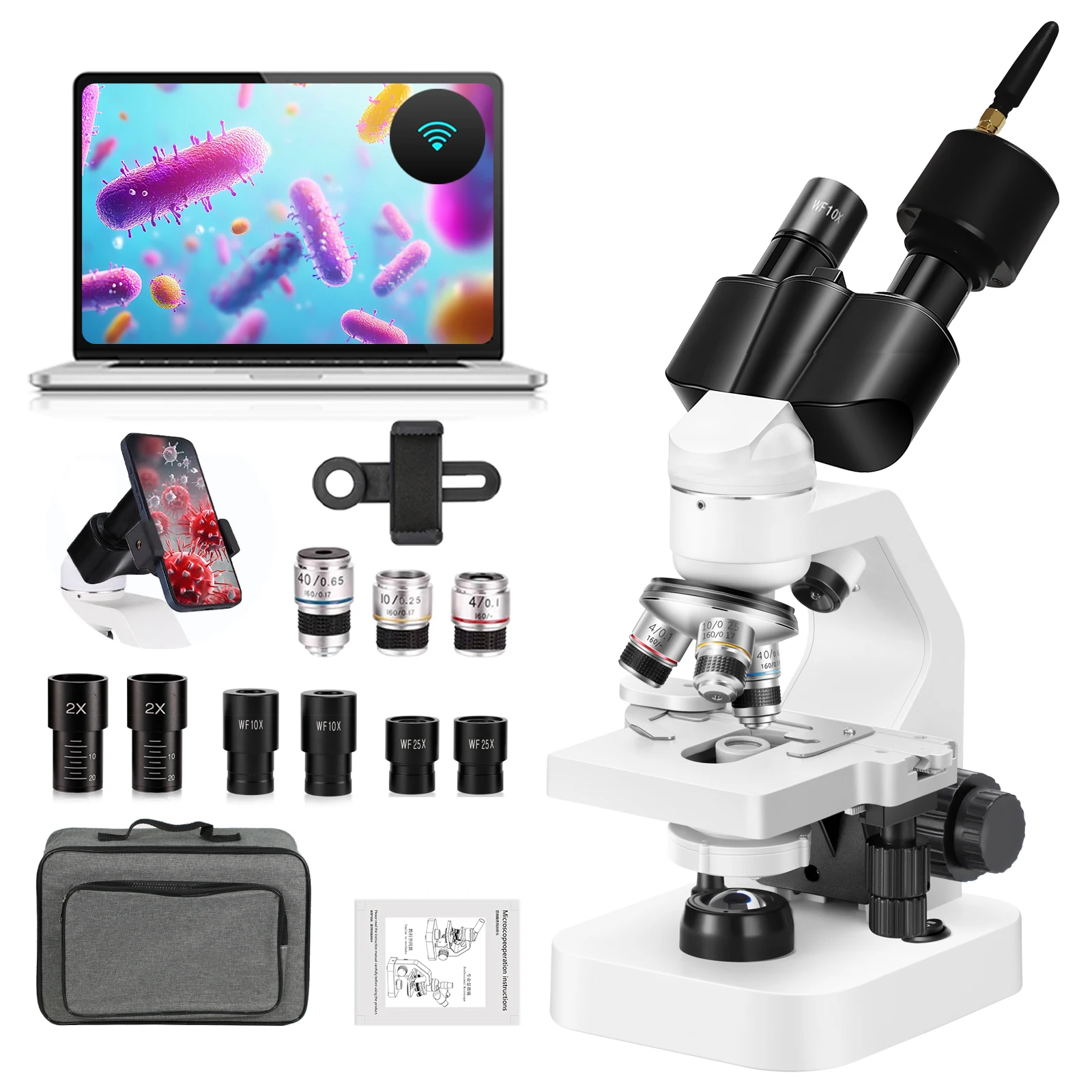 2000X ABS Binocular Microscope with Double Layer Stage, Student Biological Optical Microscope Kit with Mobile Phone Holder, Scho