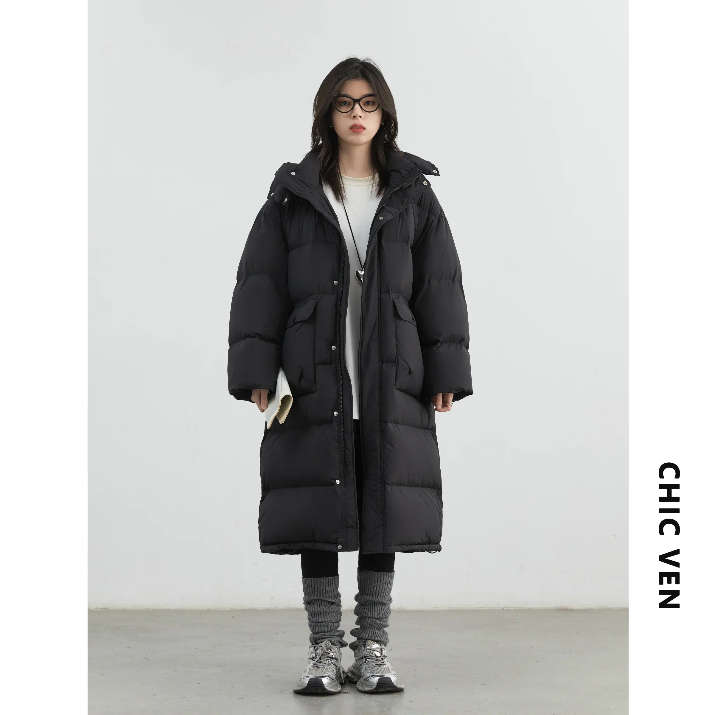 CHIC VEN Koreanische Frauen Daunenmäntel Lose Feste Neue 90 Weiße Ente Unten Mit Kapuze Winddicht Lange Weibliche Puff Unten Jacke Winter 2025