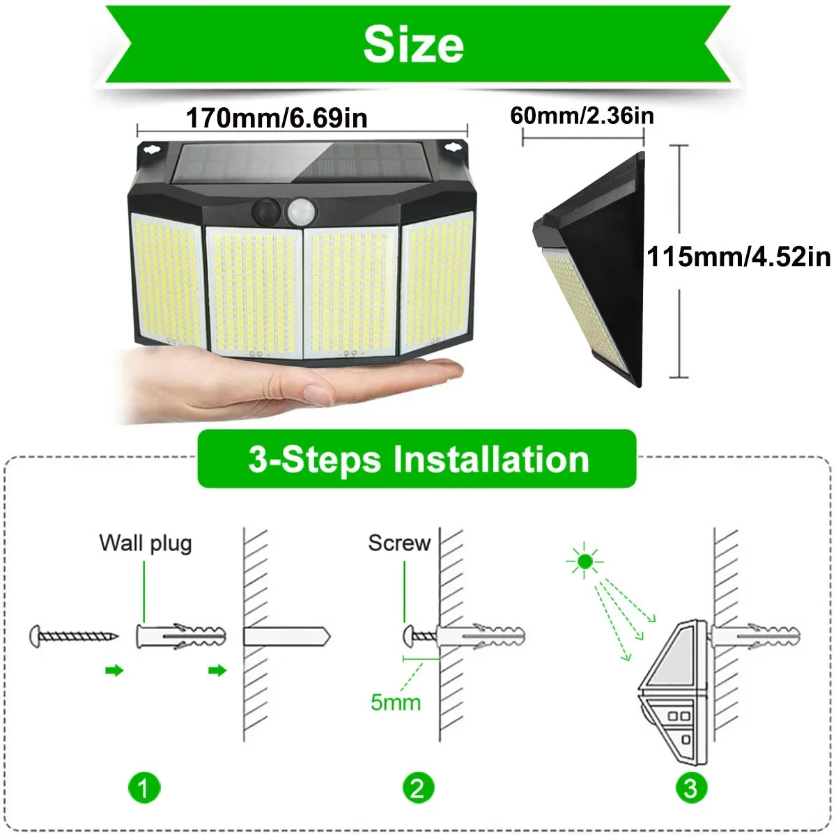 576 LED Solar Power Light Motion Sensor Outdoor Waterproof 3 Mode Security Spotlight for Outside Pathway Yard Garden Garage Lamp