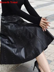 RYS5316 European 2023 Brand New Luxury Woman Genuine Leather Midi Skirt Ladies Locomotive Punk Bust Saia Rivet Black Faldas