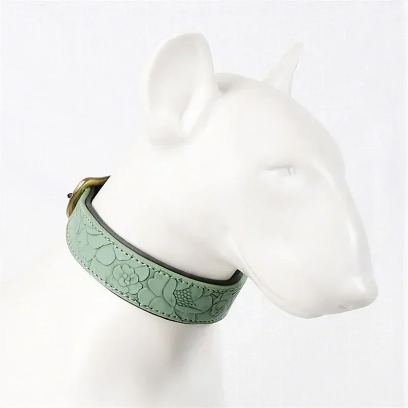 New Leather Dog Collars for Walking Soft Wide Padding Embossed Collars for Medium Large Breeds Pet Training Collar Accessories