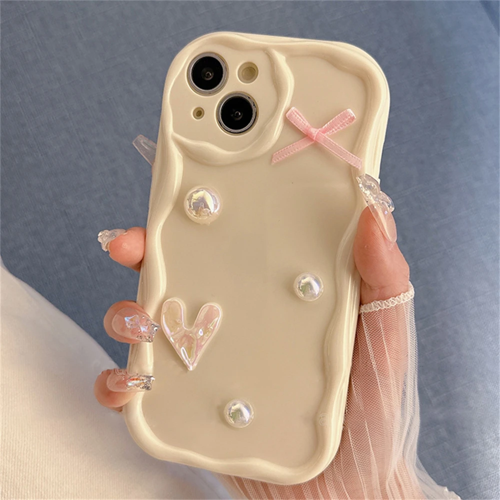 Korean Cute Laser Heart Pink Bow Cream Wave Case For iPhone 15 14 13 12 11 Pro Max Soild Color Silicone Shockproof Soft Cover