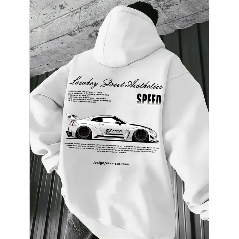 2026 New Arrival Sports Car Graphic Hoodie for Men White Street Racing Aesthetic Pullover with SPFRD Letter Print Streetwear