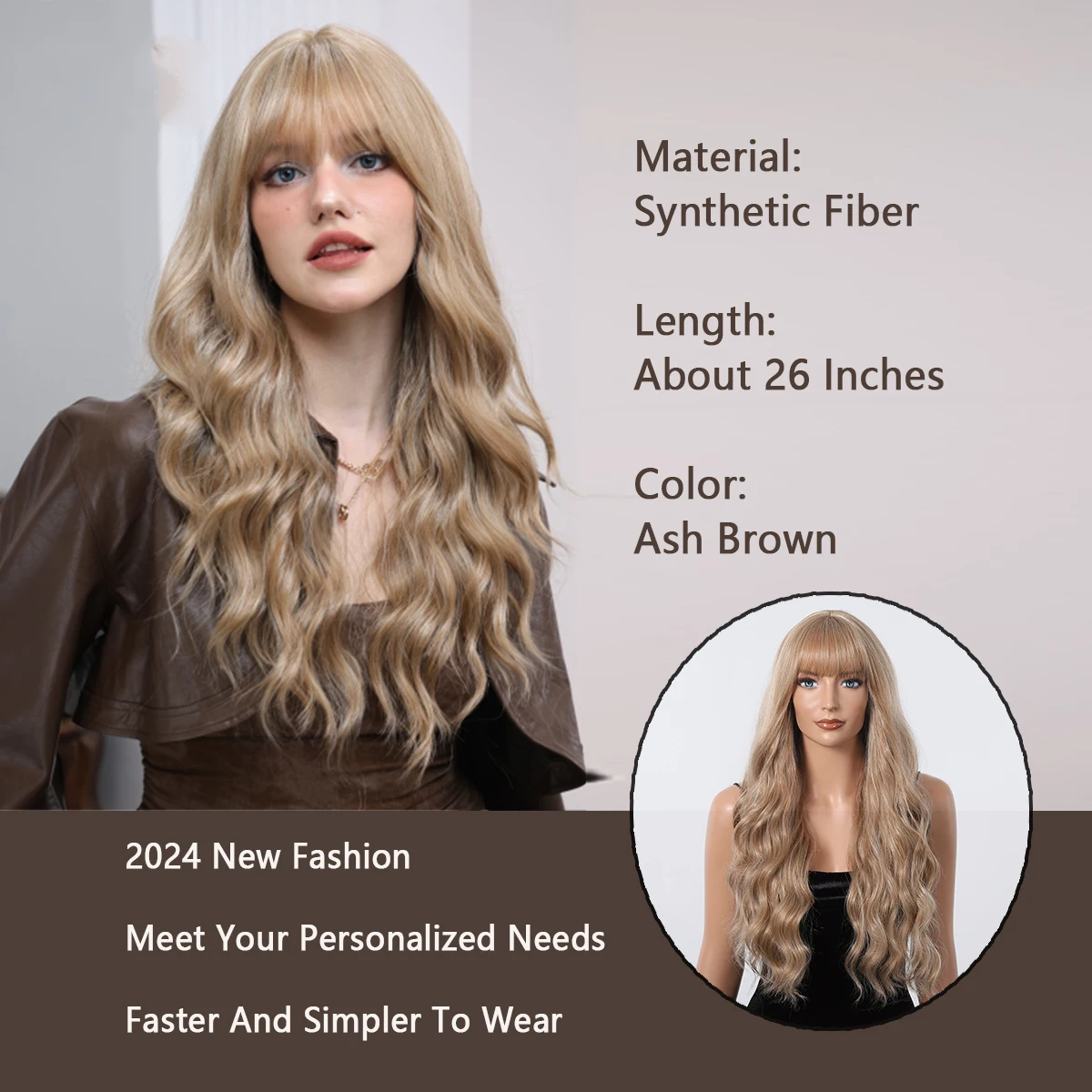 LOUIS FERRE Long Wavy Ash Brown Synthetic Wigs for Women Natural Body Wave Hair With Bangs 26 inch Fiber Wigs for Daily Cosplay