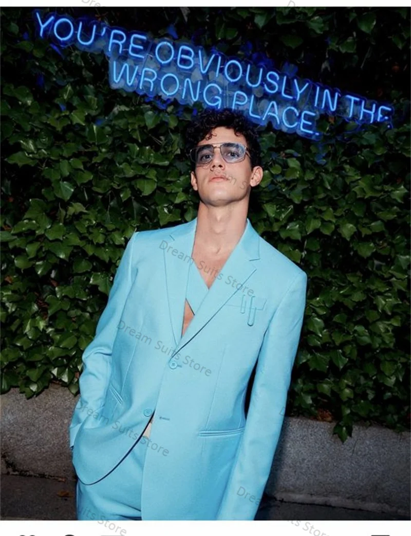Blue Men Suits Set 2 Pieces Blazer+Pants Customized Decorative Strips Jacket Wedding Tuxedo Tailored Made Cotton Coat Trousers