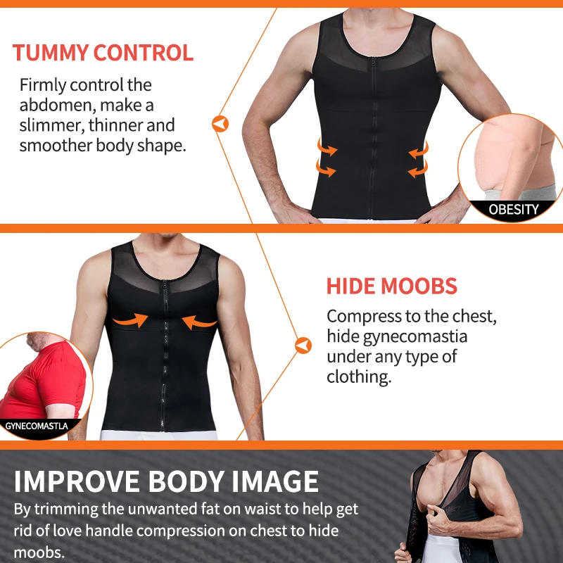 Mens Chest Compression Shirt Gynecomastia Vest Slimming Shirt Body Shaper Tank Top Front Zipper Corset For Man Shapewear