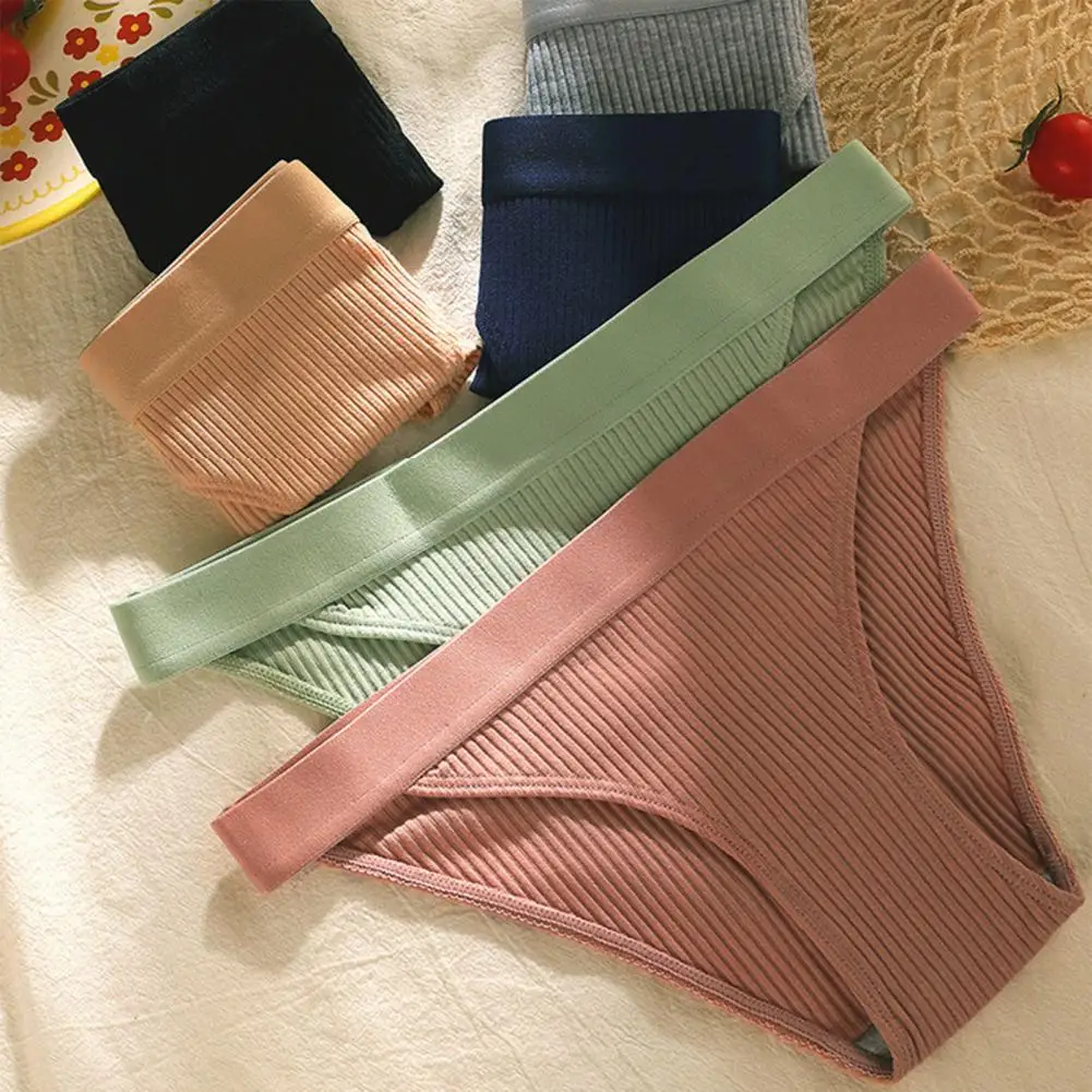 

Women Sexy Low Waist Underwear Elastic Waistband Seamless Briefs Soft Solid Color Ribbed Cotton Panties Female G String Lingerie