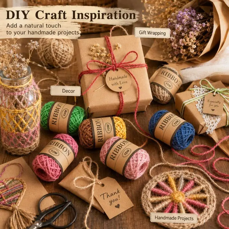 10m/Rolle Farbige Jute-Schnur Geflochtenes Seil für DIY Handarbeiten Hochzeitsdekoration Geschenkverpackung Zubehör – Detail 6