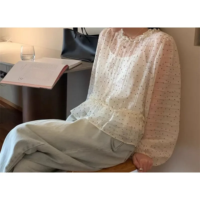 

2026 Spring and Summer Korean Micro-transparent Polka Dot Shirt Vest Set French Women's Top
