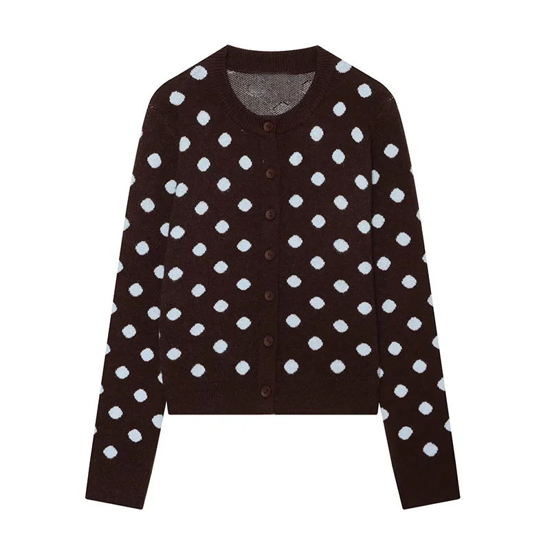 Guobioziy 2026 Fall New Women's Jacket Deep Brown Polka Dot Long-Sleeve Round-Neck Knit Cardigan Jacket Casual Fashion Versatile
