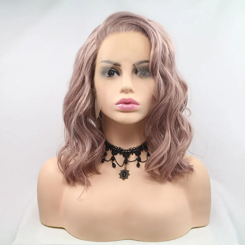 Smoky rosa peruca curta onda solta para mulheres, perucas sintéticas frente do laço, cabelo fibra resistente ao calor, moda cosplay, alta qualidade, 13x4