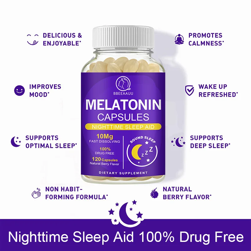 BEAU 10mg Melatonin Capsule Sleep Supplement Insomnia Sleep Quality Relax Brain Nerves Good Mood Jet Lag Fall Asleep for Adult