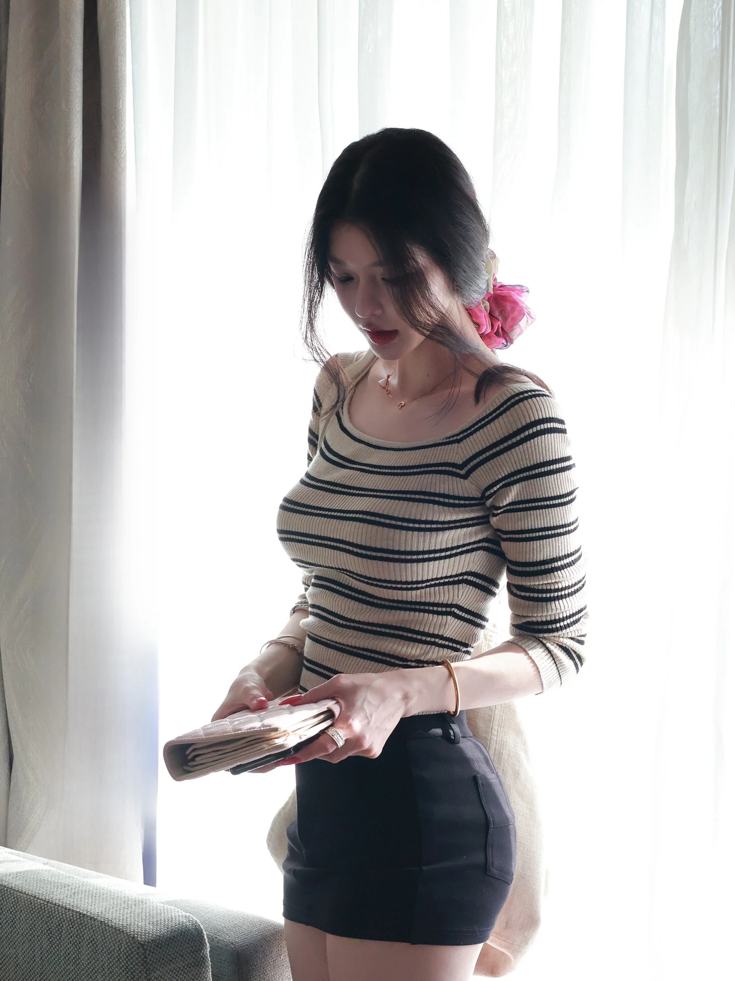 

Slim Fit Woolen Knitted Women's Top One oulder Stripe Pattern Casual Sle Spring Season Fart op Polyester Nylon Acrylic ...