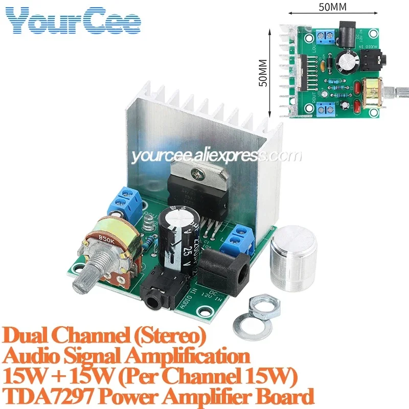 TDA7297 Power Amplifier Board Module DC 12V Dual-Channel Stereo 15W+15W 2.0 Channel Analog Audio Board 3.5mm TRS Audio Jack