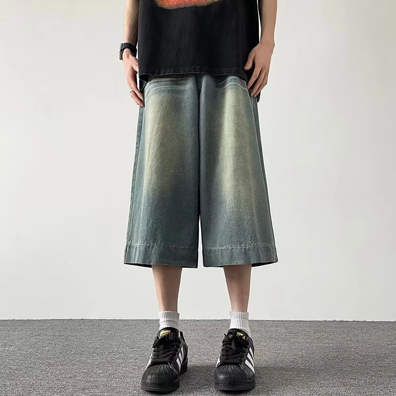 FEWQ Simple Men's Short Jeans Casual Washed Calf-Length Denim Pants Straight Wide Leg Loose Male Trousers Stylish Autumn 24E2339