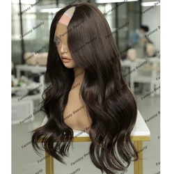 Dunkelbraunes langes gewelltes menschliches Haar 1x4 mittleres V-Teil Perücken für schwarze Frauen Karamell braunes leim loses jungfräuliches Haar mit verstellbaren Clips