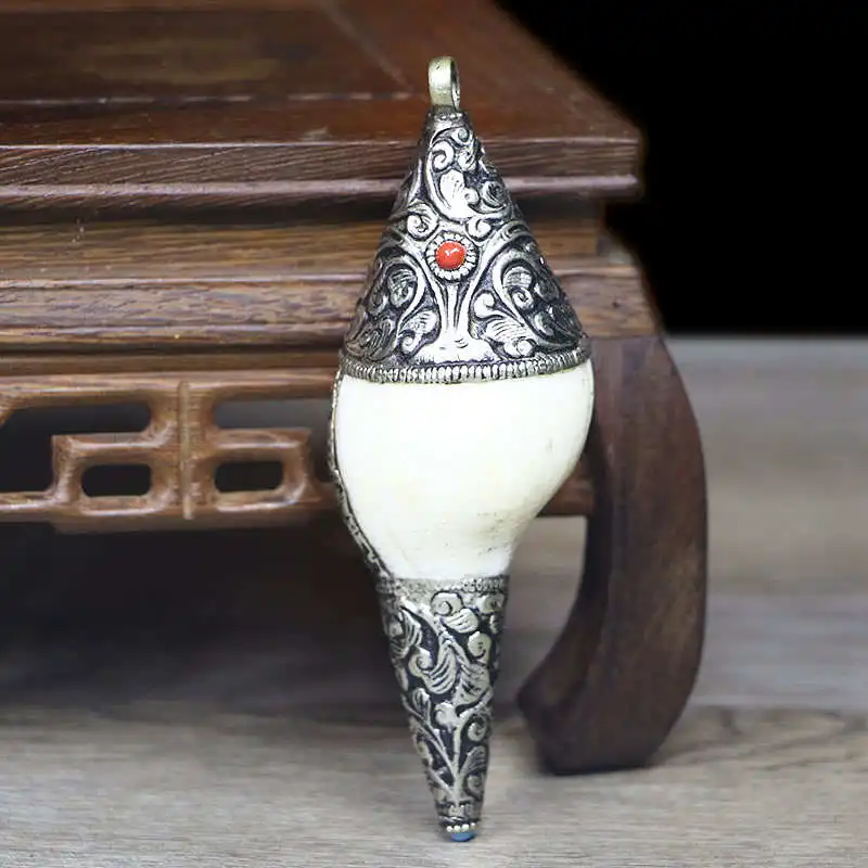 TBP148 Tibetan Silver Capped Natural Conch Shell Big Pendants Sea Snail Decor Arts 80-90mm