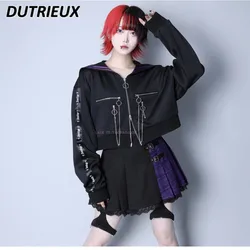 Japanese Style Spring and Autumn Mine Navy Collar Long-sleeved Jacket Sweet Cute Girls Chain Decorative Black Short Coat