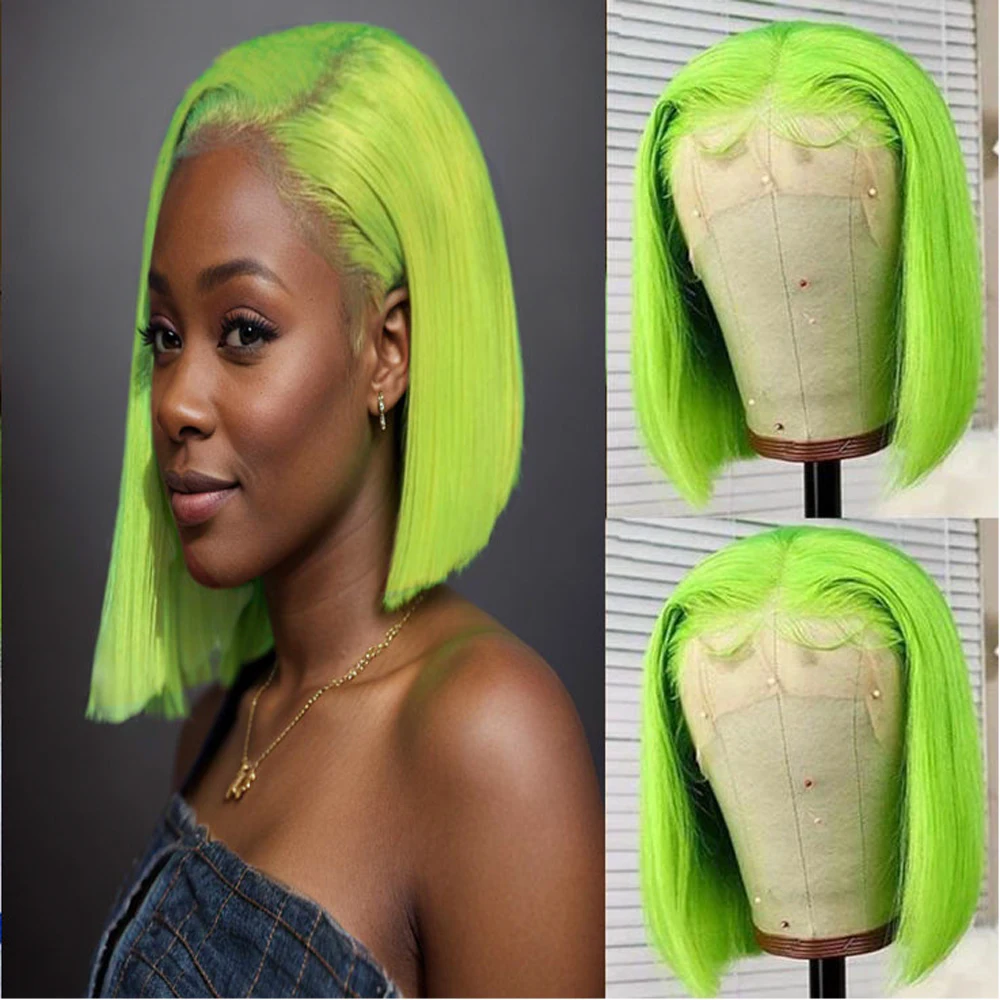 10Inch Light Green Bob Wig Human Hair Glueless 13x4 HD Transparent Lace Frontal Wig Human Hair Bob Wigs PrePlucked 180% Density