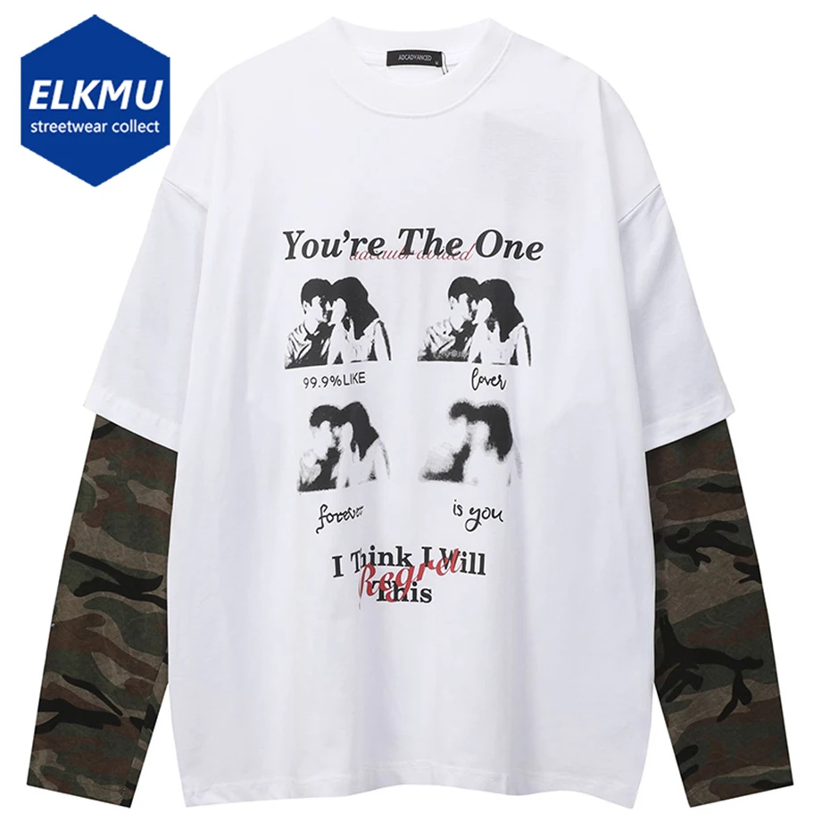 

Camouflage Patchwork Oversized T Shirts Streetwear Harajuku Hip Hop Graphic T-shirts Casual Loose Long Sleeve Tee Tops Tshirts