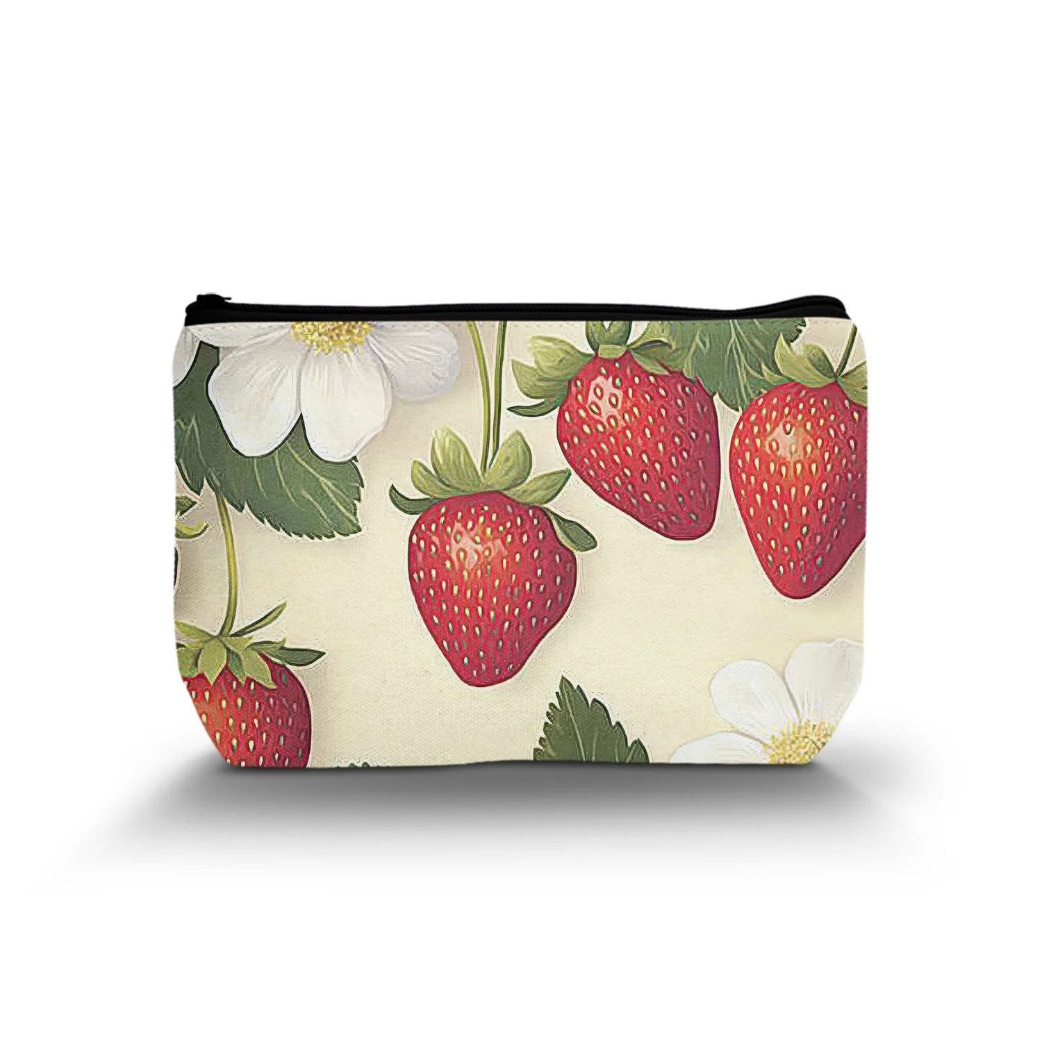 1Pc Strawberry Pattern Cosmetic Bag Delicious Strawberries White Flowers Plant Growth Process Pattern Cosmetic Bag 8.66X5.51Inch