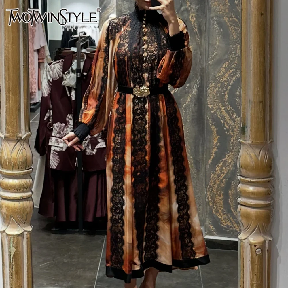 TWOTWINSTYLE Hit Color Sheer Spliced Lace Elegant Dresses for Women High Neck Long Sleeves Patchwork Belt Fashion Dress Female