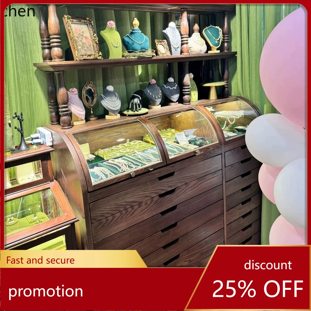 

YFY Vintage Jewelry Display Cabinet Antique Jade Display Cabinet Crystal Jade Curved Glass Display Stand