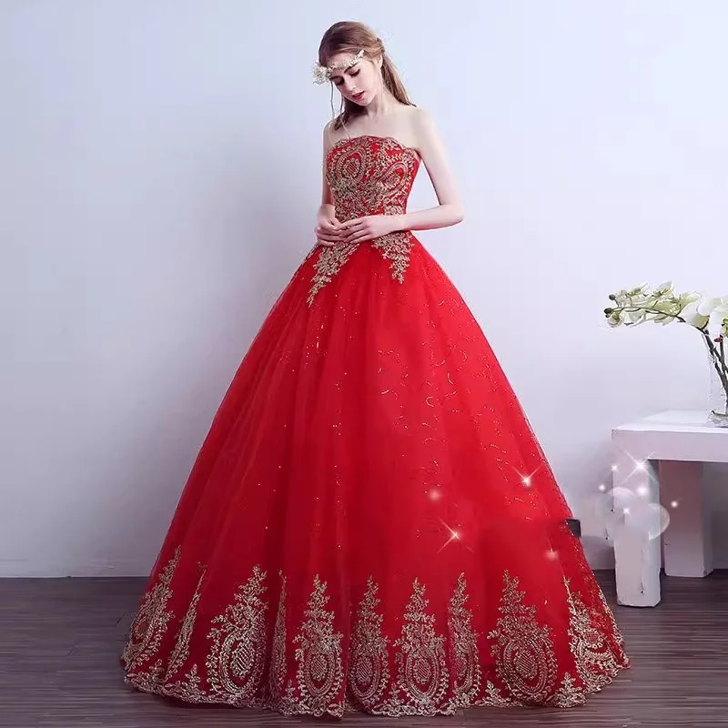 It\'s Yiiya Red Weddding Dresses Bling Golden Appliques Strapless Lace up Princess Floor-length Plus size Bride Ball Gowns XN015