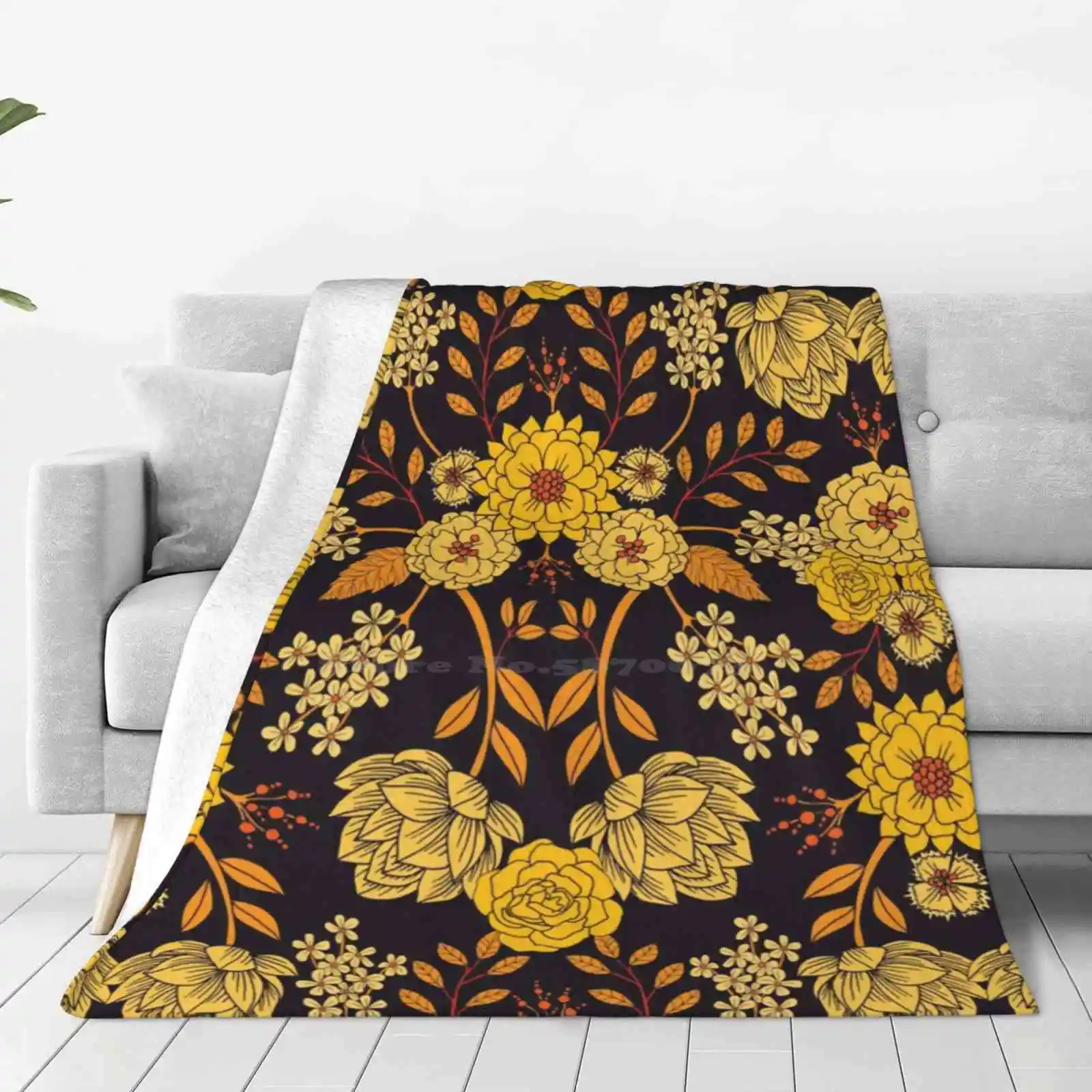 Yellow , Orange & Navy Blue Dark Floral Pattern Best Selling Room Household Flannel Blanket Yellow Orange Navy Blue Flowers