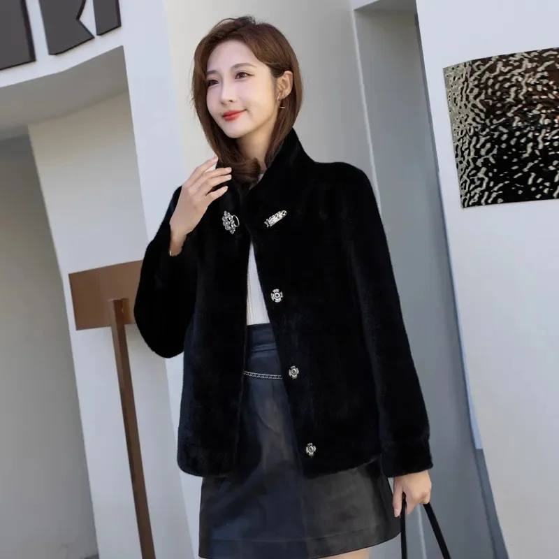 2024 New Fur One-Piece Gold Mink Fur Coat Women\'s Autumn Winter Temperament Woolen Jacket Joker Outwear Foreign-Style Ladies Top