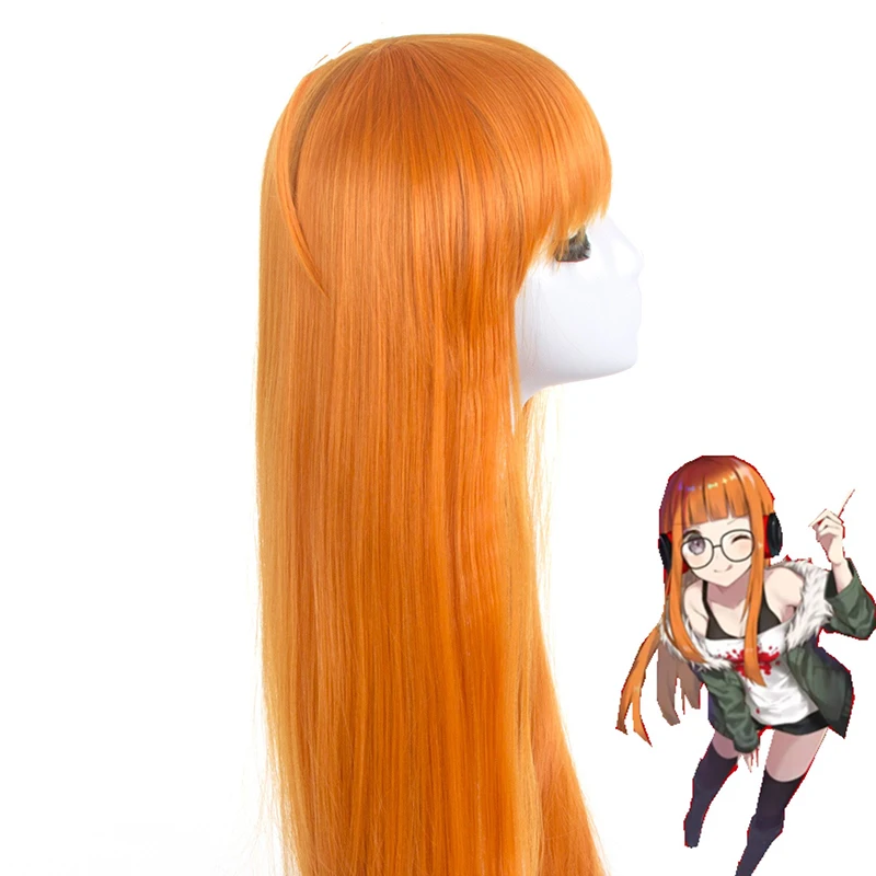 Orange Long Straight Human Hair Persona Sakura Futaba Wig Cosplay High-temperature Silk Festival Party Bar Appointment Full Wigs - view 2