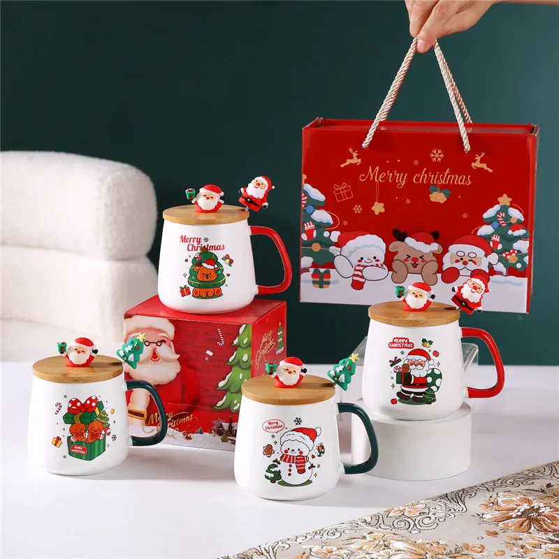 2025 New Arrivals Cute Christmas Tree Ceramic Coffee Mugs Porcelain Xmas Cup with Lid and Spoon  Christmas Gift Box for Kids