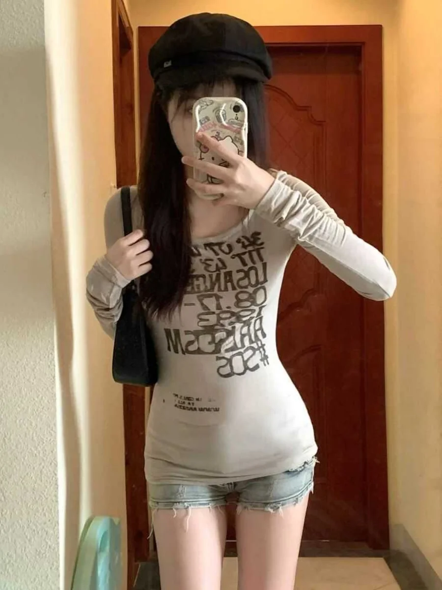 قميص نسائي بأكمام طويلة من القطن الخالص بتصميم أمريكي عتيق، قميص رمادي ضيق للخريف والشتاء، ملابس داخلية نحيفة وجذابة #2